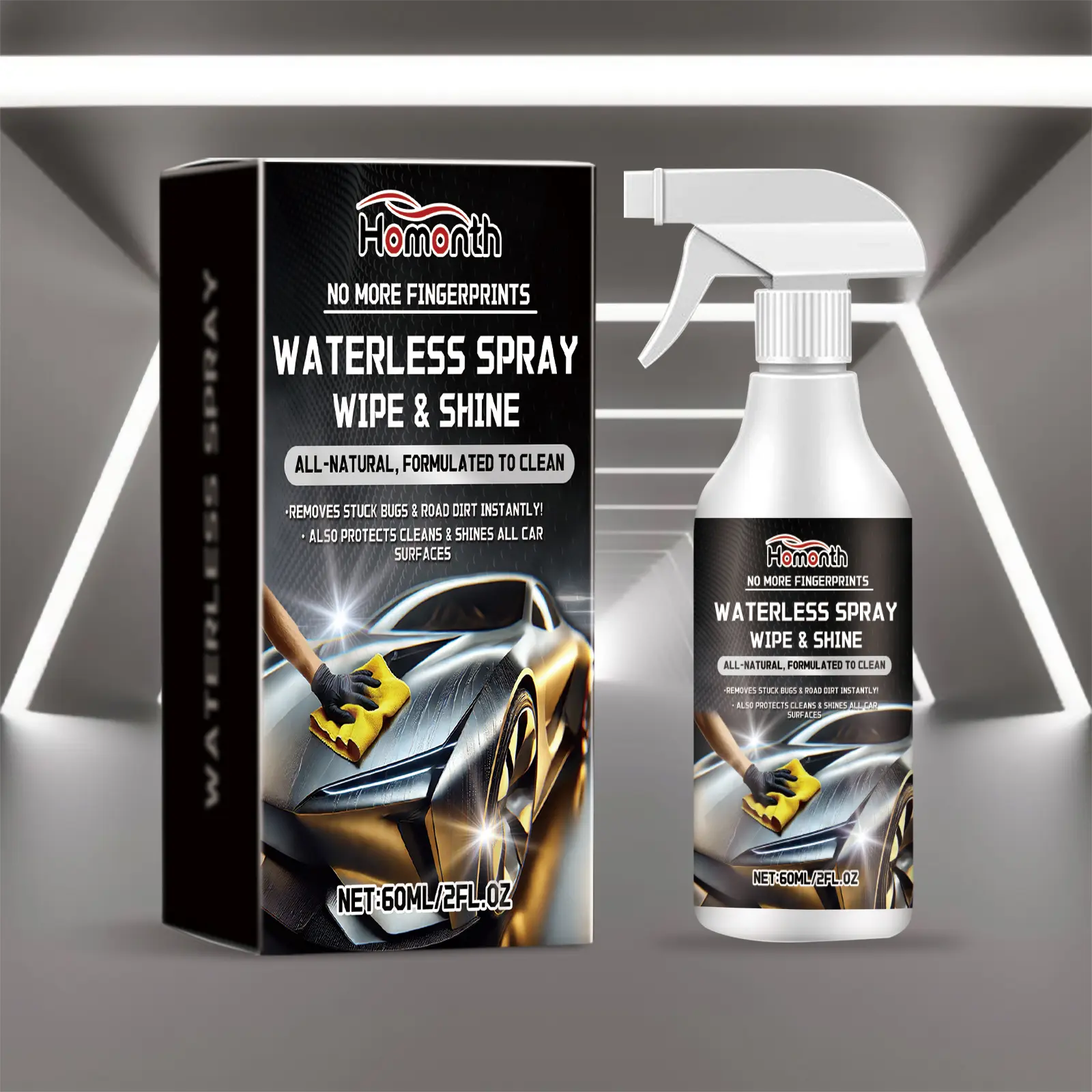 Homonth 16oz Waterless Ceramic Car Wash Spray - Eco-Conscious Quick Detailer & Wax, Streak-Free Stain Remover, Surface Cleaner for Exterior Paint/Glass/Wheels, Cleans Anywhere Anytime, No Hose No Mess, Shines and Protects, On-The-Go Kit for Car Owners