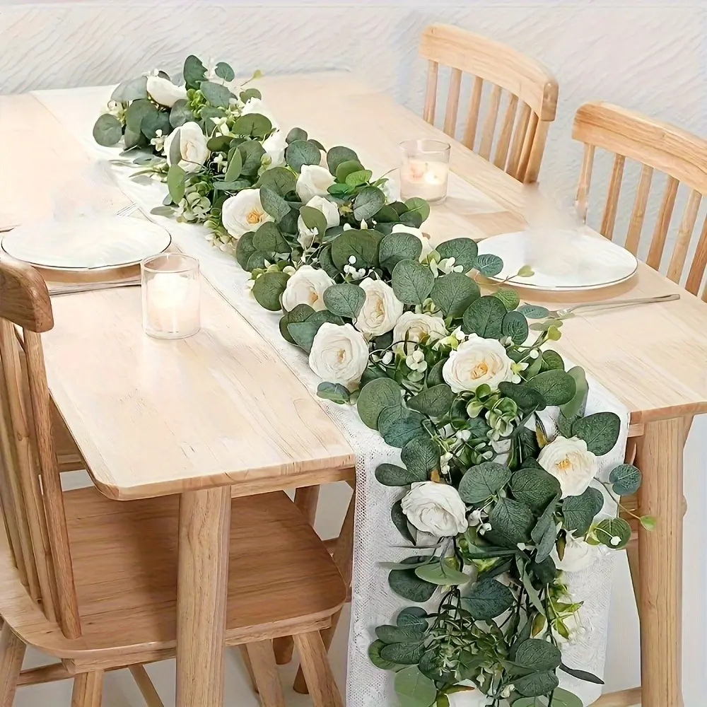 70-inch Eucalyptus and Rose Garland, Faux Floral Garland, Plastic Flower Vine for Home Decor, Wedding Table Decoration for Various Room Types, Plastic Floral Vine, Ideal for Party Tables & Indoor Wall Backdrops, Artificial Eucalyptus Garland