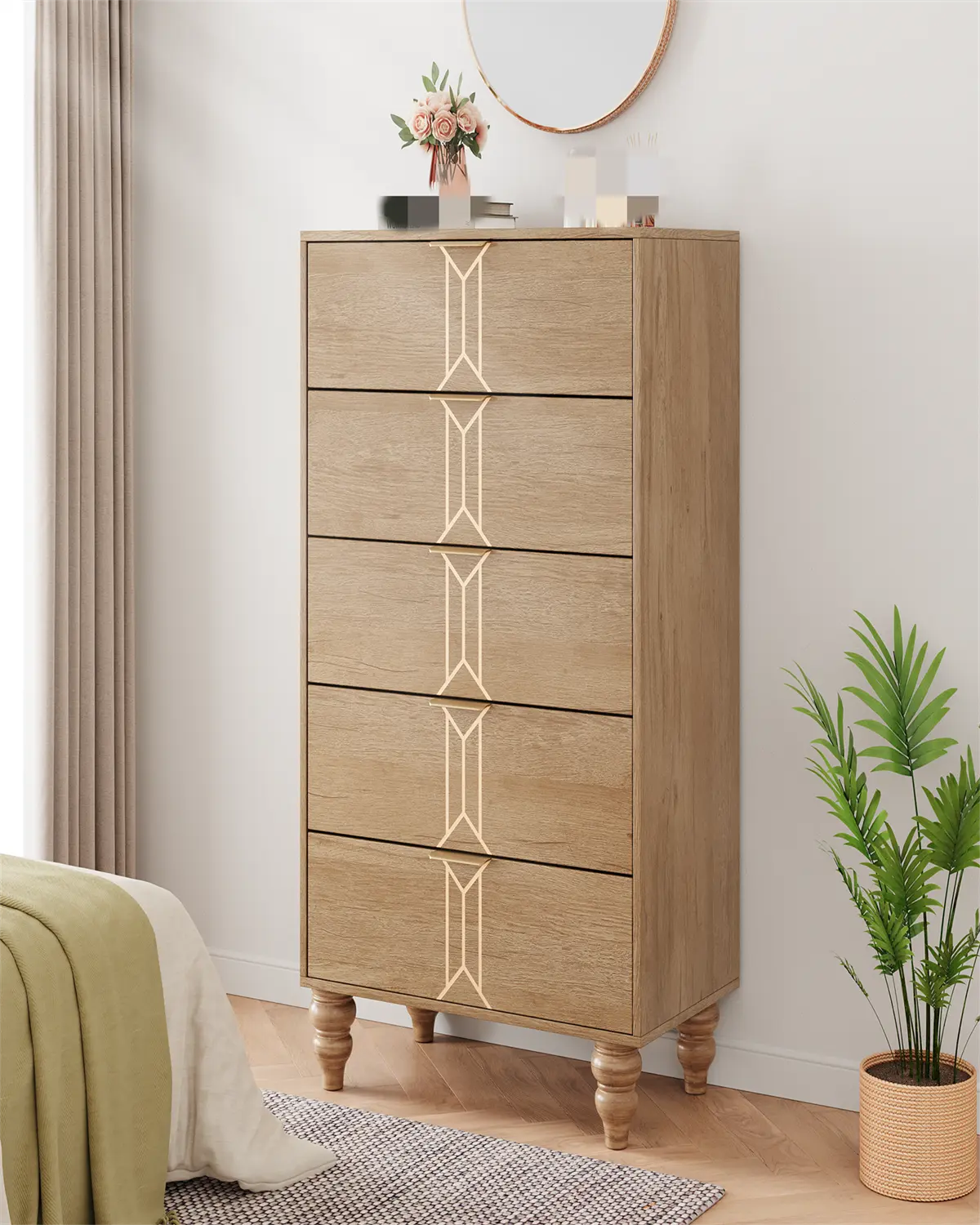 5-Drawer Dresser - Extra Deep Storage Chest with Solid Oak Veneer & Gold Accents | Vintage French Provincial Bedroom Dresser