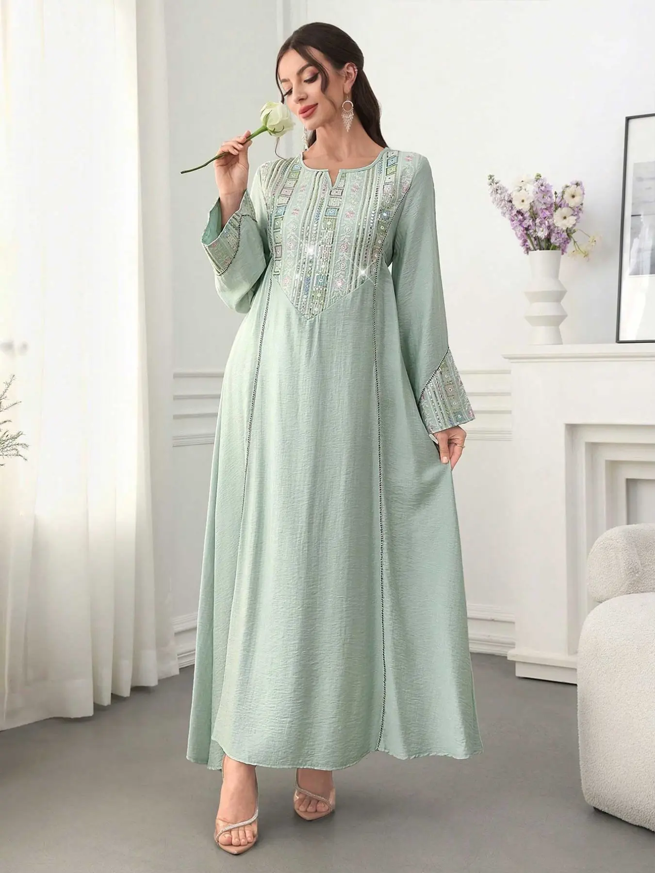 Women's Elegant Embroidered Beaded Dress, Loose-Fit Woven Fabric, All-Season Wear, High-Quality Material, Stylish & Comfortable Design, Elegant Islamic Clothing, Embroidery Abaya, Muslim Dresses, Abayas For Eid