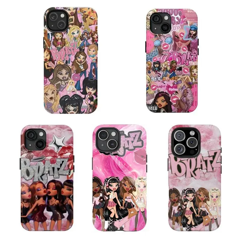 Y2k Aesthetic Bratz Smartphone Case, Cute Pink Cartoon Doll Design Cellphone Casing, Shockproof Tough Handheld Accessories with Durable Drop Protection for iPhone 11 12 13 14 15 16 17 Pro Max Plus
