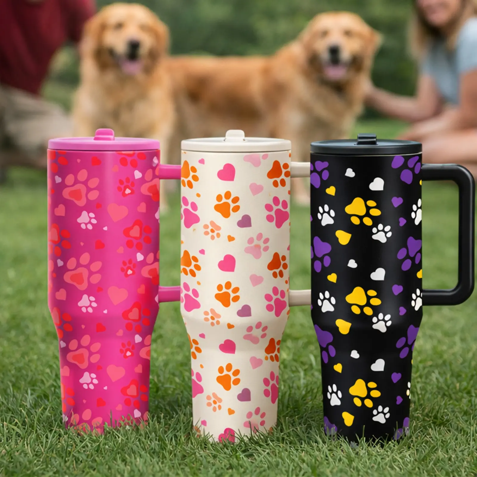 1 Pc 40oz Paw Print Vacuum Insulated Travel Mug With Handle, Travel Mugs Insulated For Hot And Cold, Pet Lover Coffee Tumbler For Hot And Cold Drinks, Aesthetic Drinkware For Pet Lovers