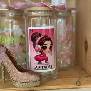 La Fitness 20 oz Glass Can Cup with Straw and Lid Pink Design Reusable Ideal for Beverages Drinkware Mug