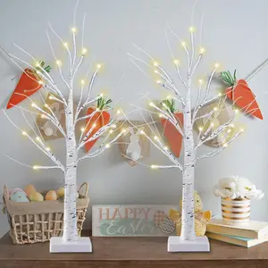 2-Pack 2FT Lighted Birch Tree with Timer for Easter Decorations Indoor, Artificial Birch Tree with 48 LED Warm White Lights, Fairy Light Tabletop Centerpiece Tree for Christmas Winter Decorations