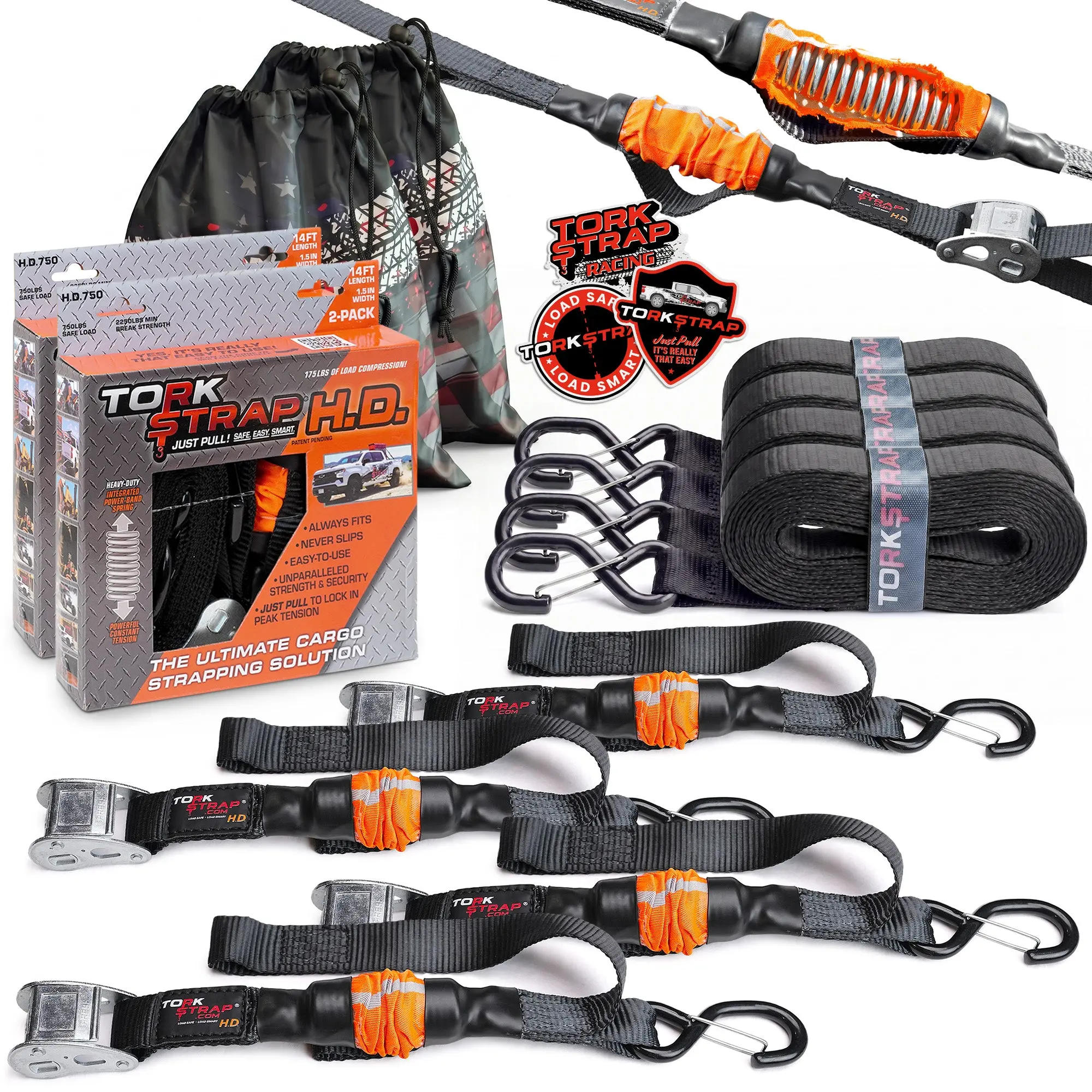 TorkStrap HD750 14ft x 1.5in Spring Loaded Cargo Straps - For ATV's, Riding Mowers, Large BBQ, Sport Bikes, Furniture - Premium Tie Downs for Trucks, Vans and SUVs - Faster Than Ratchet Straps - Self Tensioning, 750lb Load Capacity, 2250lb Break Strength