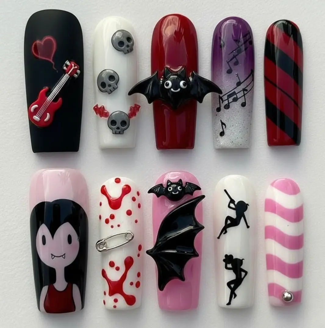 Handmade Vampire Queen Inspired Press On Nails | ImMarcelinery Gothic Punk 3D Bat Red Axe Guitar Stiletto Fake Nails with FREE Adhesive Tabs FREE Nail File FREE Cuticle Stick