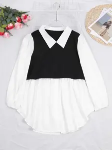 Plus 2 In 1 Colorblock Button Front Blouse, Casual Bishop Sleeve Collared Top for Spring & Fall, Women's Clothes for Daily Wear