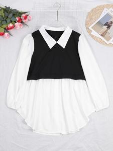 plus 2 in 1 colorblock button front blouse, casual bishop sleeve collared top for spring & fall, women's clothes for daily wear