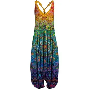 2025WomenBohoOverallsPlusSizeSummerFashionJumpsuitLooseFitRompersFloralPrintedBaggyBohemiaHaremPants