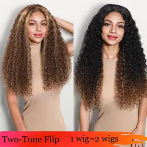 Karlami Double Wear Wig Natural Black and Highlight  Water Wave Wig Two-Tone Flip 4X4 Lace Wig and 99J Loose Body Wave Wigs 100% Human Hair Wigs for Women
