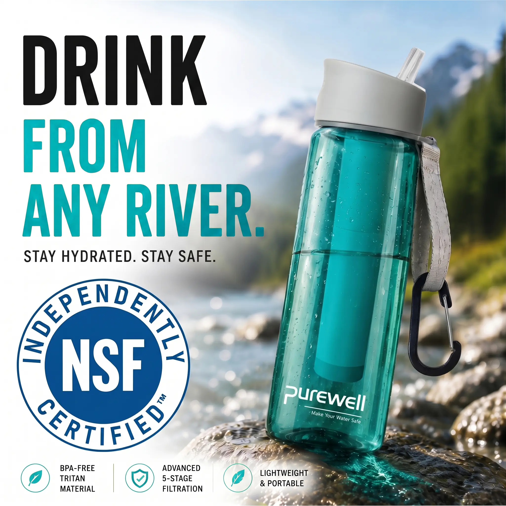 Purewell Water Filter Bottle, 22oz Filtered Water Bottle with 5-Stage Filtration, BPA-Free Water Purifier for Camping, Hiking, Backpacking, Survival, Emergency Preparedness, Outdoor Adventure, Travel, Trekking, Fishing, Hunting, Backpacking Gear