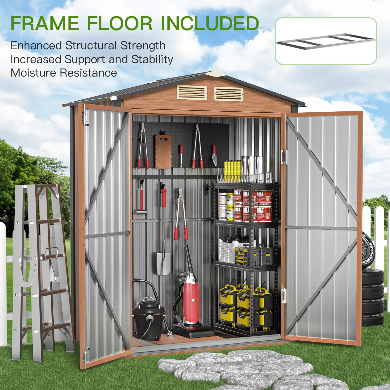 3x5 Ft Galvanized Steel Outdoor Storage Shed - Wind-Resistant Metal Structure with Frame Floor, Lockable Door, Enhanced Structural Strength, Extra Stability, All-Weather Adaptable Storage for Garden, Backyard Utility & Tool Use, 3 X 5 Ft