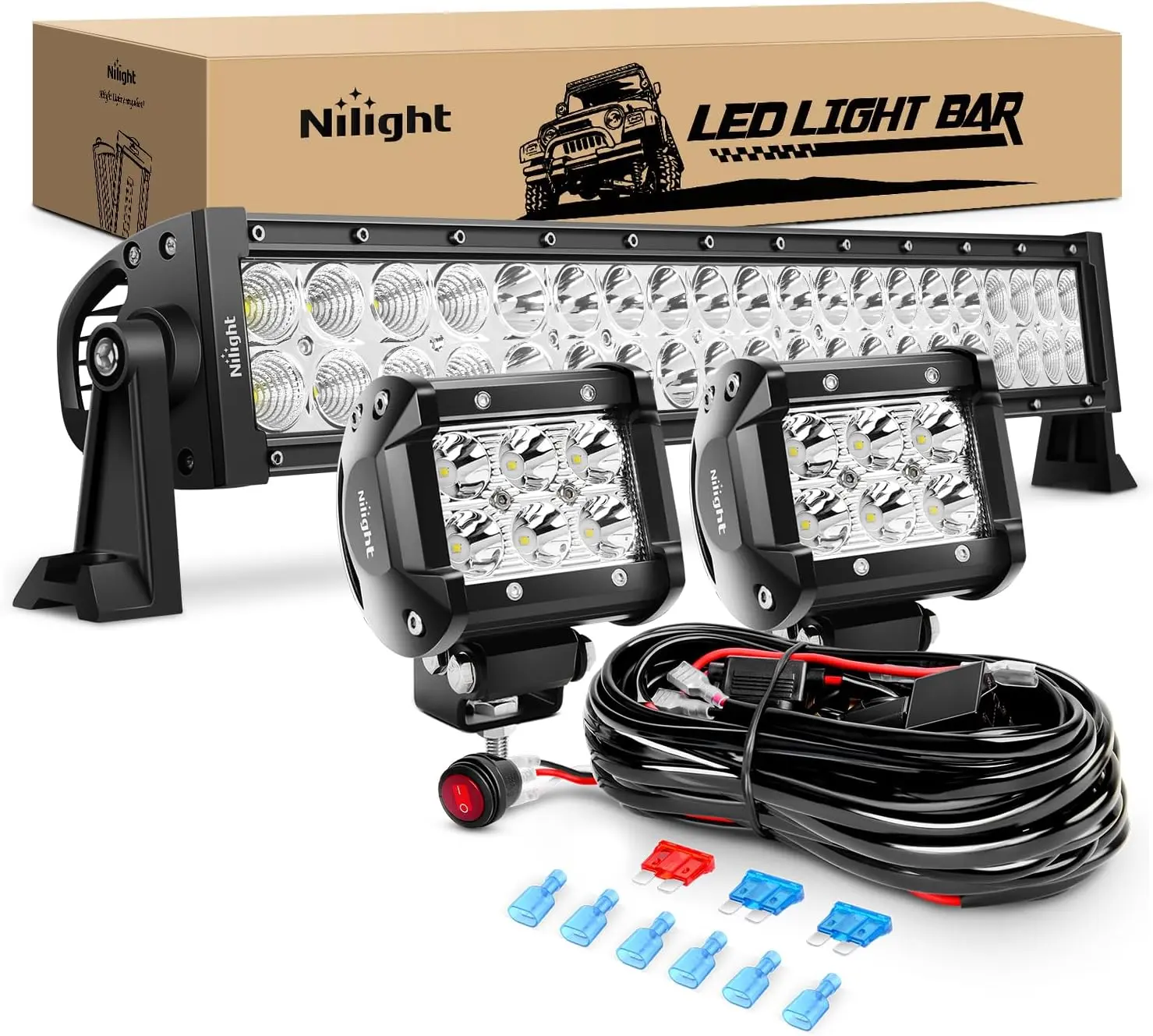 Nilight 22Inch 120W Spot Flood Combo Led Light Bar 2PCS 4Inch 18W Spot LED Pods Fog Lights with 16AWG Wiring Harness Kit-2 Leads light bar harness kit-2 light pod fog boat   dealsforyoudays Led Lit Cantilever, Led Work Light, Off Road Lights