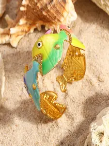 18K Gold-Plated Ocean-Inspired Rainbow Shell, Starfish, and Fish-Shaped Open-Ended Bracelet—Perfect for Everyday Wear / Vacation Outfits / Holiday Gifts