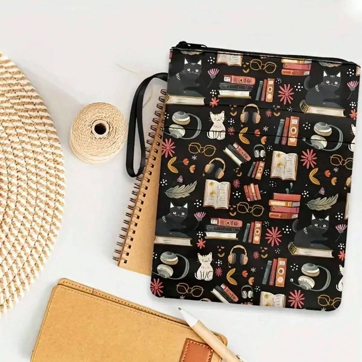 cat canvas book cover with zipper - washable paper book cover with pocket - perfect gift for women and girls, Office Desk Accessories, Office Accessory, Notebook Accessories