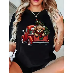Plus Size Christmas Graphic T-Shirt Women's Cute Highland Cow In Red Truck With Christmas Tree For Festive Season