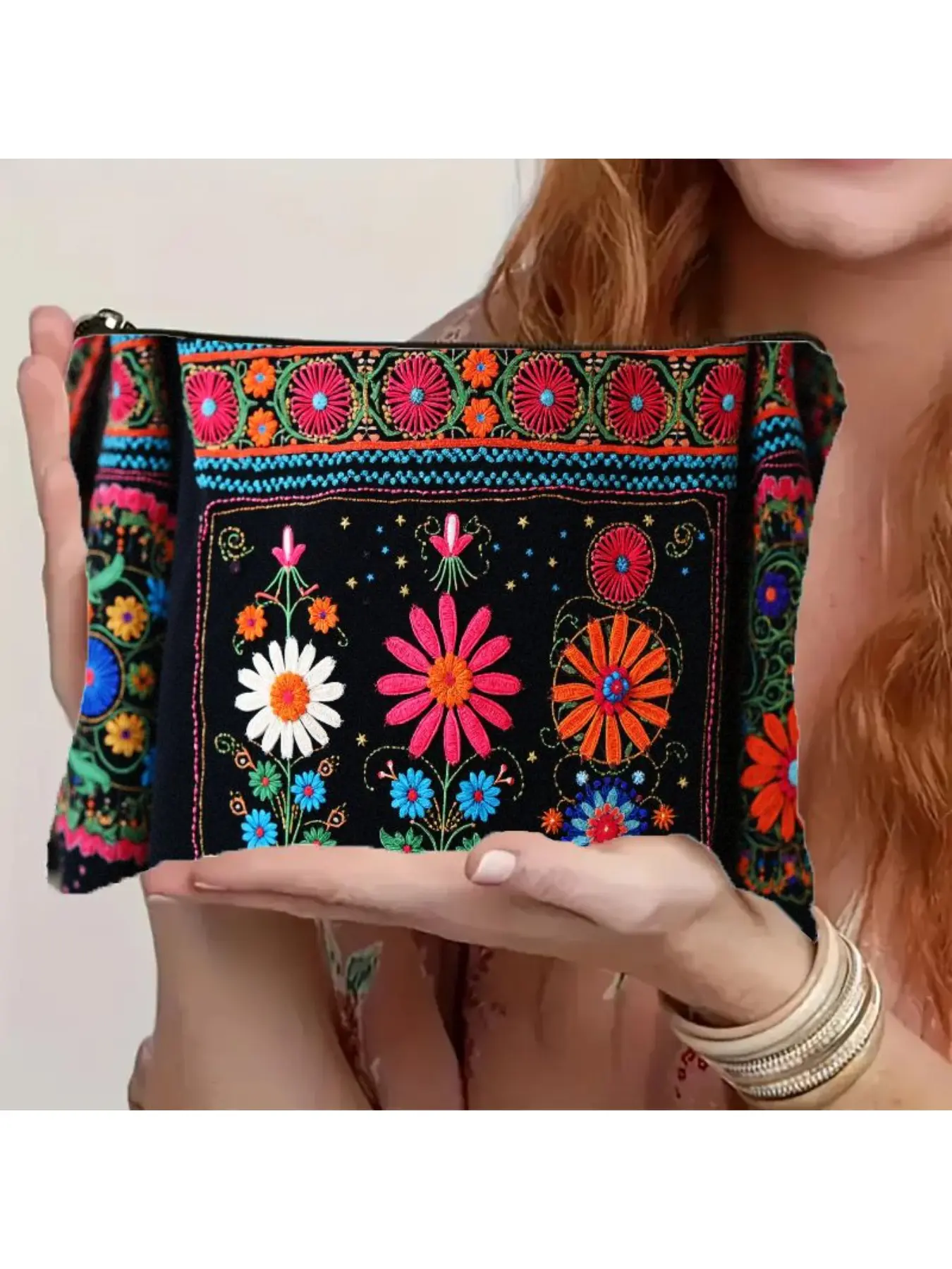 Vibrant Embroidered Floral Makeup Pouch with Secure Zipper Closure - Bohemian Ethnic Style Cosmetic Organizer for Women, Lightweight & Portable Travel Clutch Bag, -Inspired Folk Art Design Accessory Pouch Gift | Colorful Hand-Stitched Bag | Dura