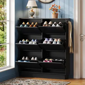 Modern Elegant Narrow Tipping Bucket Shoe Cabinet with 6 Flip Drawers, Space Saving Design, Cream Style Entryway Organizer with Adjustable Shelf, Free-Standing Shoe Rack with 3 Silvery Hooks, Black