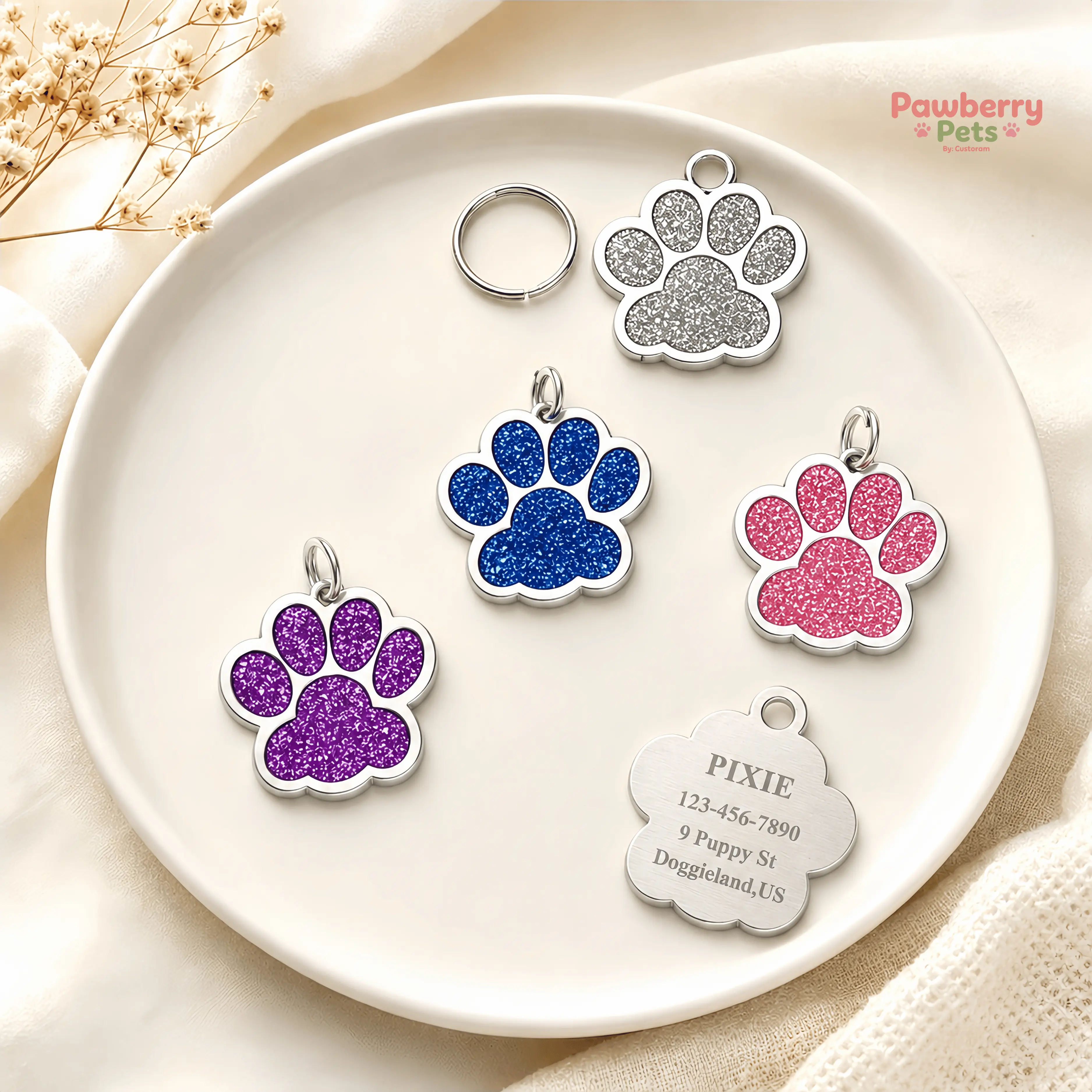 Custom Engraved Paw Print Dog Tag, Personalized Glitter Pet ID Tag for Dogs Cats, Cute Sparkle Collar Tag with Name and Contact Information, Pet Safety Accessory