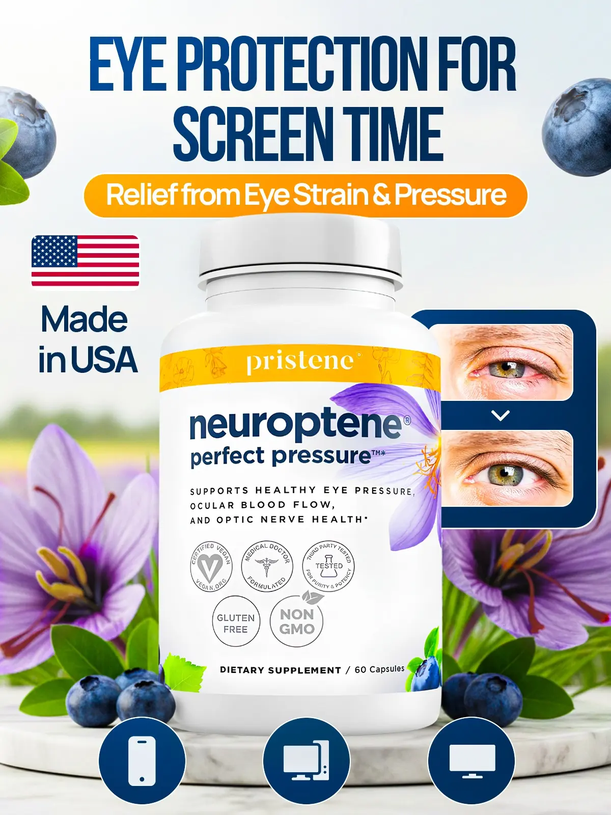 Eye Health | Neuroptene Blue Light Defence | Niacin, Niacinamide, Bilberry Extract Capsules, Saffron | Pristene