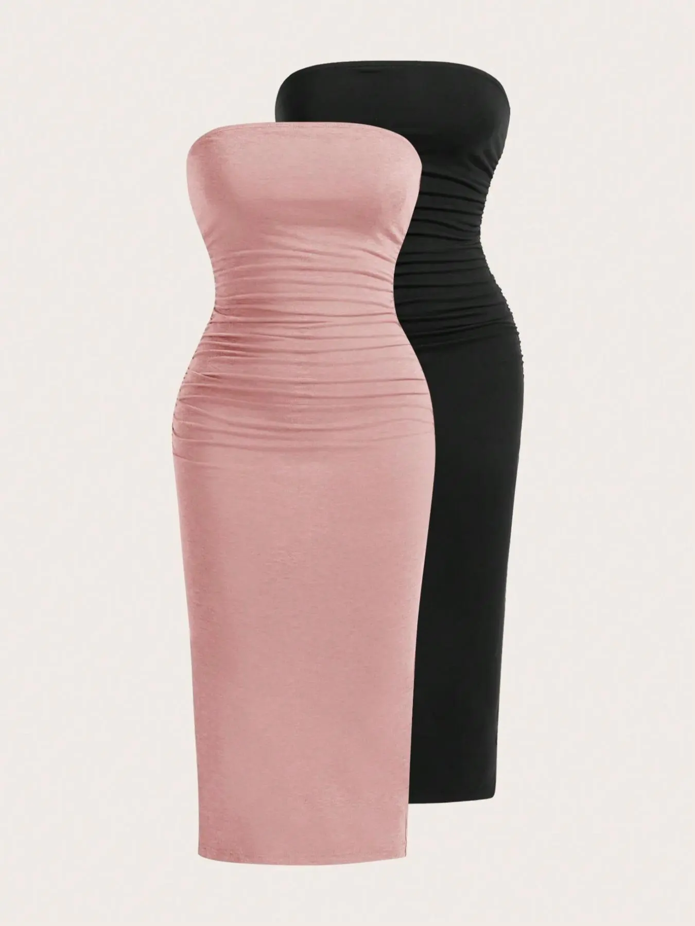 Women's Solid Ruched Split Hem Tube Dress, Minimalist Elegant Casual Chic Sleeveless Strapless Long Dress for Summer, Ladies Clothes for Daily Wear, Bodycon Stretch Dresses, Elegant Fashion Dress