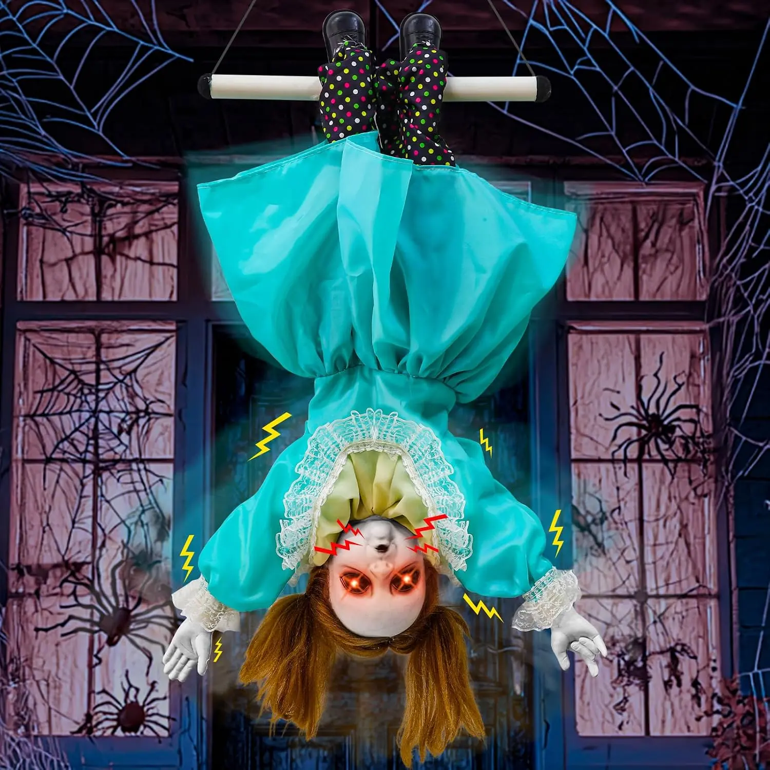 [Moving Hands] 30'' Halloween Animatronic Decorations Outdoor Hanging Doll | Hanging Upside Down Girl Scary Animated Prop Sound & Touch Activated with Flashing Eyes, Spooky Laughter for Halloween Decor