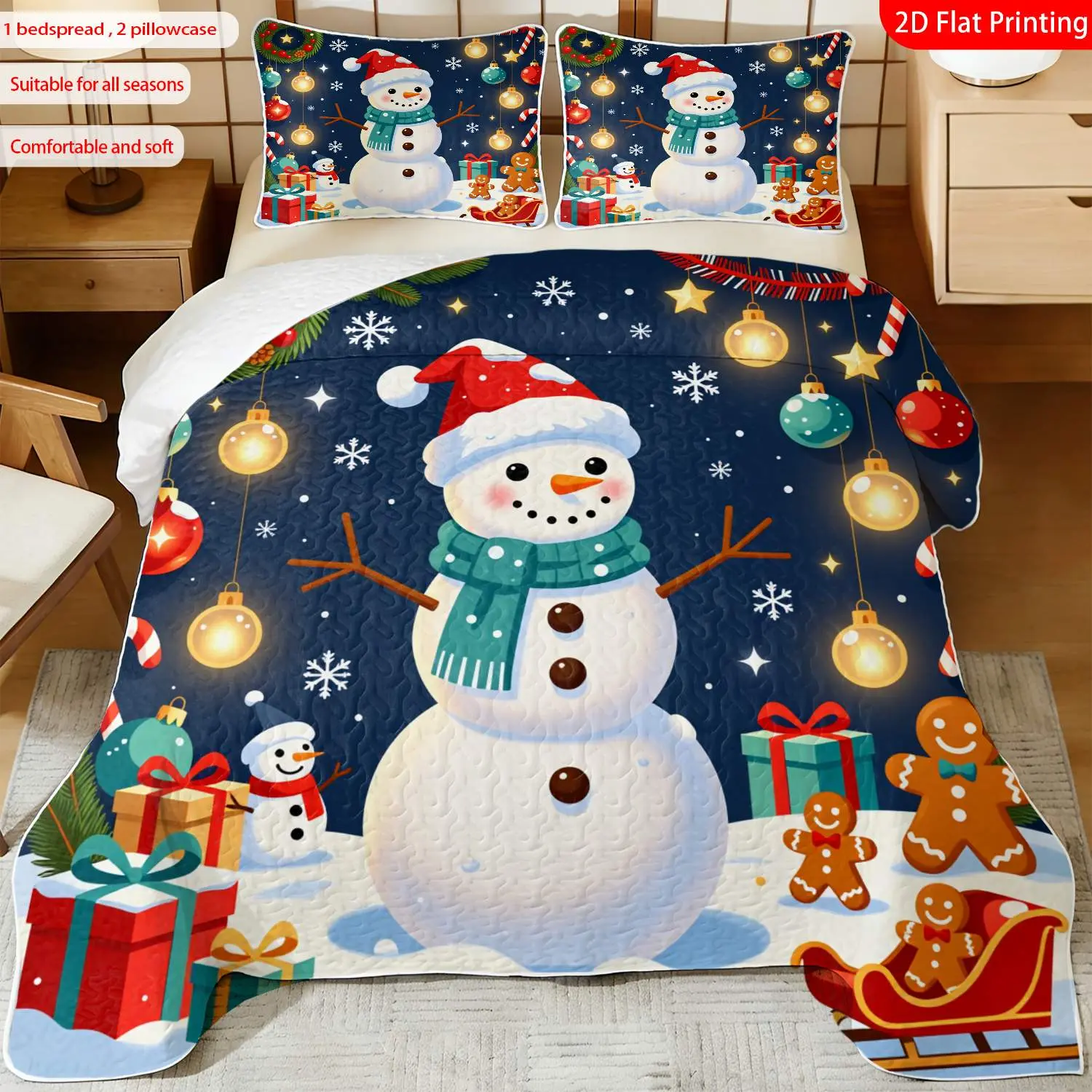 3pcs, 2D flat print Snowman Gingerbread Pattern Bedspread Set, Christmas Theme, multiple sizes available, bedding set, festive decorative bedding, ideal for bedroom décor(1 bedspread , 2 pillowcase)