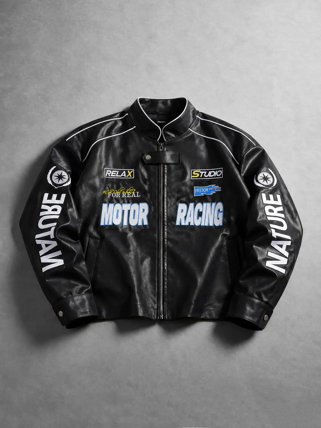 Men's Vintage Embroidered Leather Motorcycle Biker Coat - Menswear Moto Style Real & Faux Leather Jackets, Stylish Y2K Graphic Racer Zip-Up Outerwear, Fall Jacket Winter Casual Streetwear (Motorcycle Aesthetic)