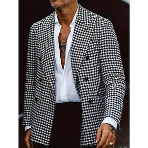 Houndstooth Double Breasted Blazer, Men's Casual Vintage Style Flap Pocket Lapel Sports Coat For Business Banquet Party Dinner
