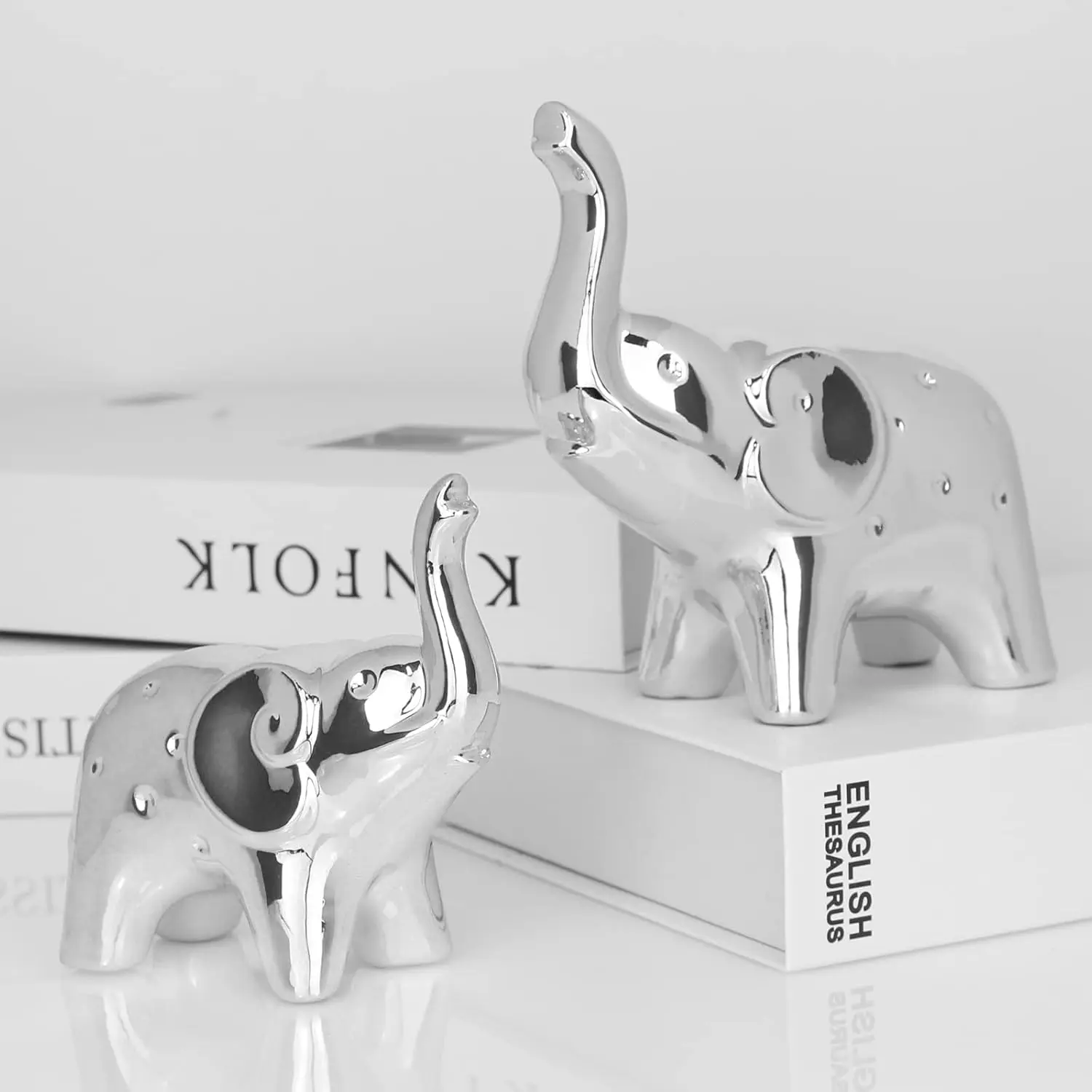 P-SO058 2-Piece Silver Ceramic Animal Statue, 4.92in Decorative Waterproof Modern Ornaments for Home, Office Desktop, Coffee Shop, Ideal Christmas Gift Idea for Mothers