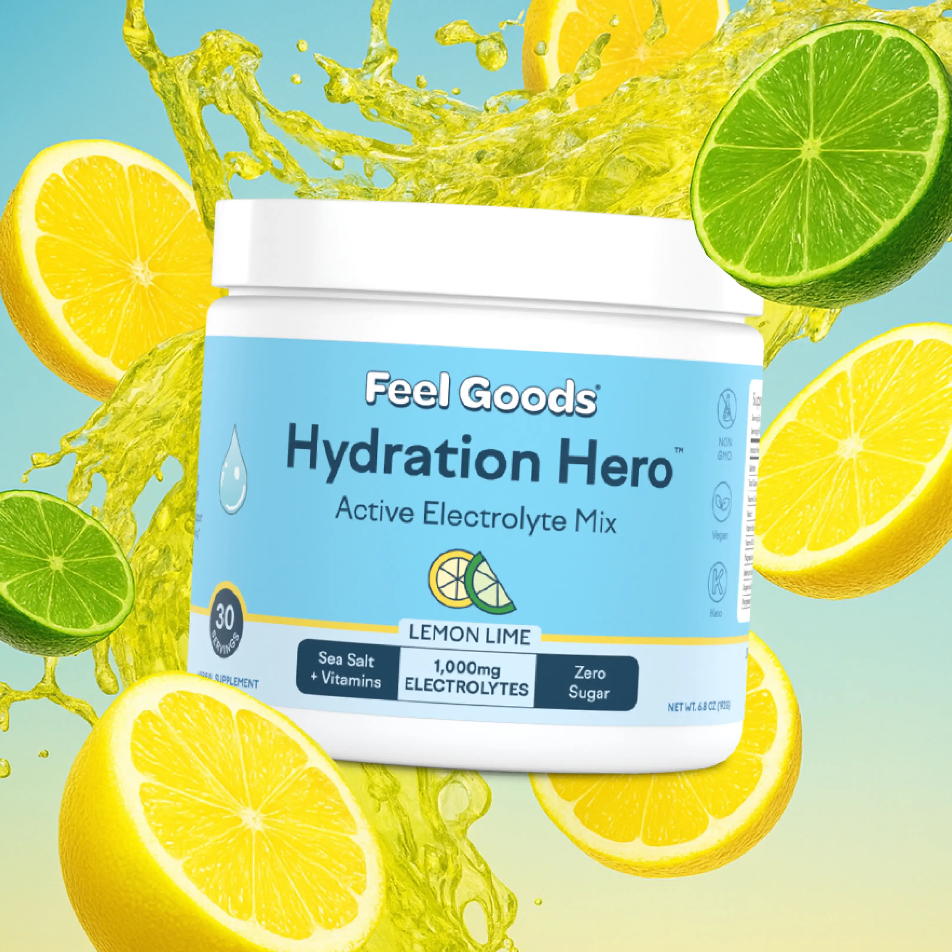 Feel Goods Hydration Hero | 1000mg Electrolytes Drink Mix, Real Sea Salt, Trace Minerals, Organic Tart Cherry, Coconut, Aloe Vera, L-Theanine, B-Vitam