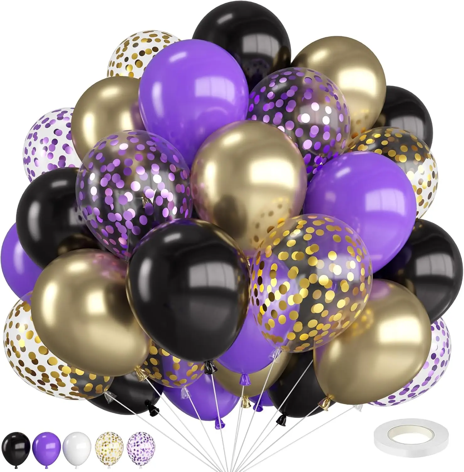 Elegant Balloon Bouquet - Purple, Gold, and Black Confetti Balloons for Parties and Celebrations