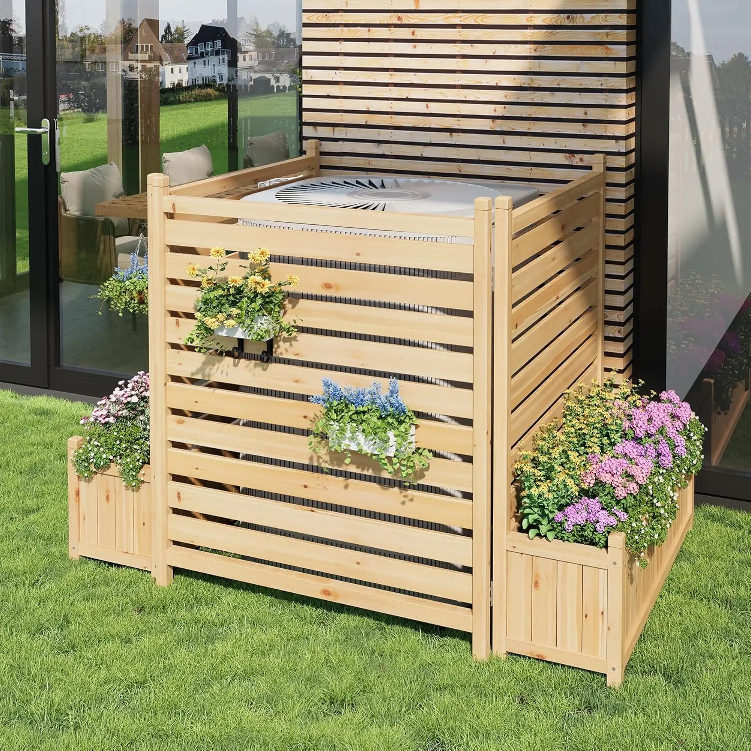 Privacy Fence Panels for Outside 33 In W X 40 In H Air Conditioner Fence 2 Panels Wood Outdoor Privacy Screens with Planter Box Wood Fence Panel for Trash Can Pool Equipment Backyard Patio, Wooden Fence, Garden Divider