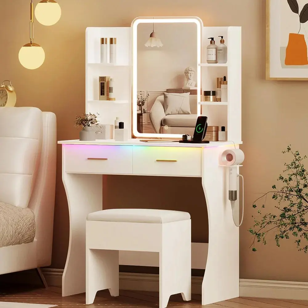 Compact LED-Illuminated Makeup Vanity Table with Storage, Power Outlet, and Adjustable Lighting Modes