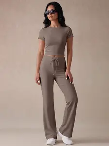 Women's Sporty Two-Piece Set Short Tee & High-Waisted Drawstring Pants, Athletic Sportswear, Stretchy Breathable Quick-Dry Fabric, Slim Fit Design