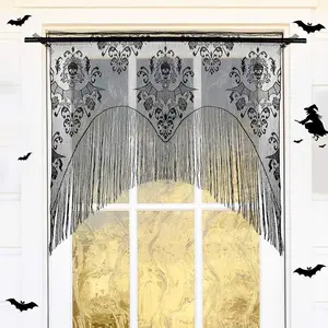 Halloween Themed Door Curtain, Skull Lace Tassels Curtain, Wall Hanging Curtain, Halloween Indoor Outdoor Decor Supplies, Background Props, Decorative Props, Ornaments