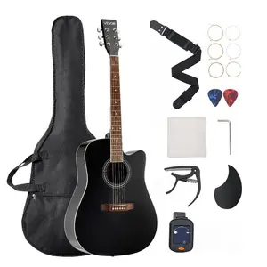 fathersdaygift VEVOR Cutway Acoustic Guitar, 41 in, 6-String Black Solid Spruce Top Guitar, Beginner Bundle with Gig Bag, Tuner, Strap, Strings, Picks, Capo, Rosewood Fingerboard, for Adult Fingerstyle Solo Jazz