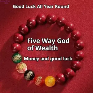 2026 Feng Shui Wealth Luck Bracelet (2Pcs), Cinnabar Five Directions God of Wealth Beaded Bracelet, Good Fortune Prosperity Charm Jewelry for Men & Women, Spiritual Gift for New Year & Daily Use