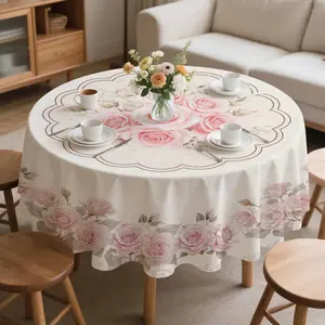 EastJia 1pc Round Elegant Tablecloth - Pink Rose Design, Durable, Easy to Clean, Perfect for Valentine's Day Decor, Spring Decor, Party Dining & Home Decor, Machine-Made, Ideal for Valentine's Day Celebrations