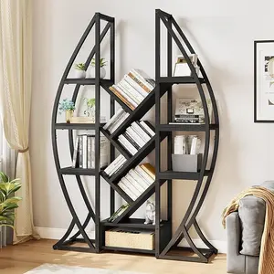 DWVO Oval Bookshelf, 5 Tier Etagere Bookcase Industrial Display Shelves for Living Room, Bedroom, Home Office, Black