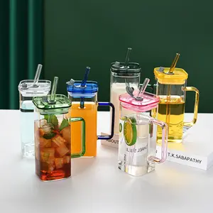 Colored Glass Cup and Straw - 13.8oz Portable Square Drinking Glasses for Water, Smoothies, Juices, Coffee & Beer, Stylish Drinkware Bottles Cocktails Lid Plastic Tumblers Mug