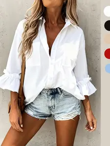 Spring Summer New Solid Color Shirt, Casual Long Sleeve Button-Up Blouse, Smooth 7/8 Sleeve, Vacation Wear, Work Formal, Daily, Party Fashion Top, Womenswear Basic Style