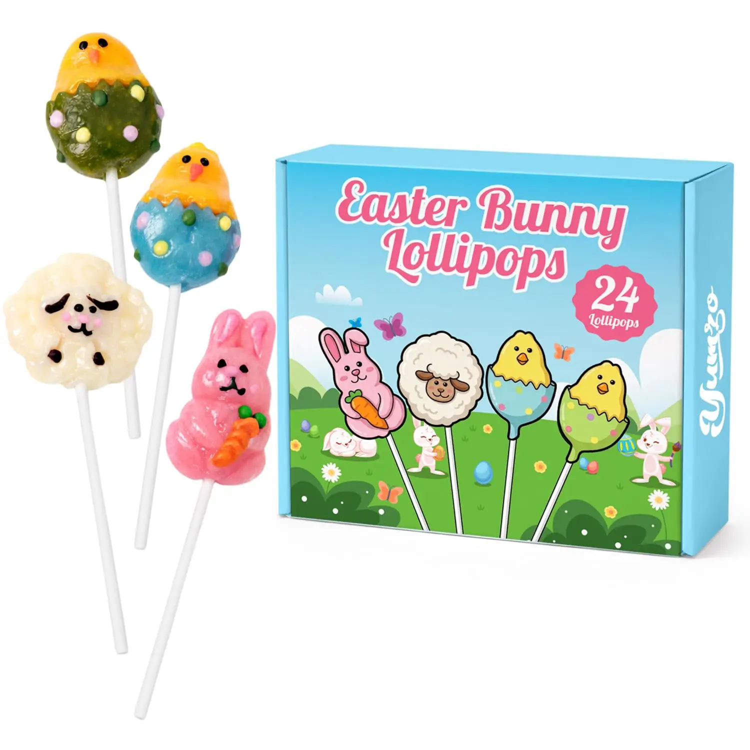 Easter Bunny Lollipops – 24 Count Individually Wrapped Easter Candy Pops, Natural Colors, Bunny & Chick Shaped Lollipops for Easter Baskets, Egg Hunts, Party Favors & Kids Treats