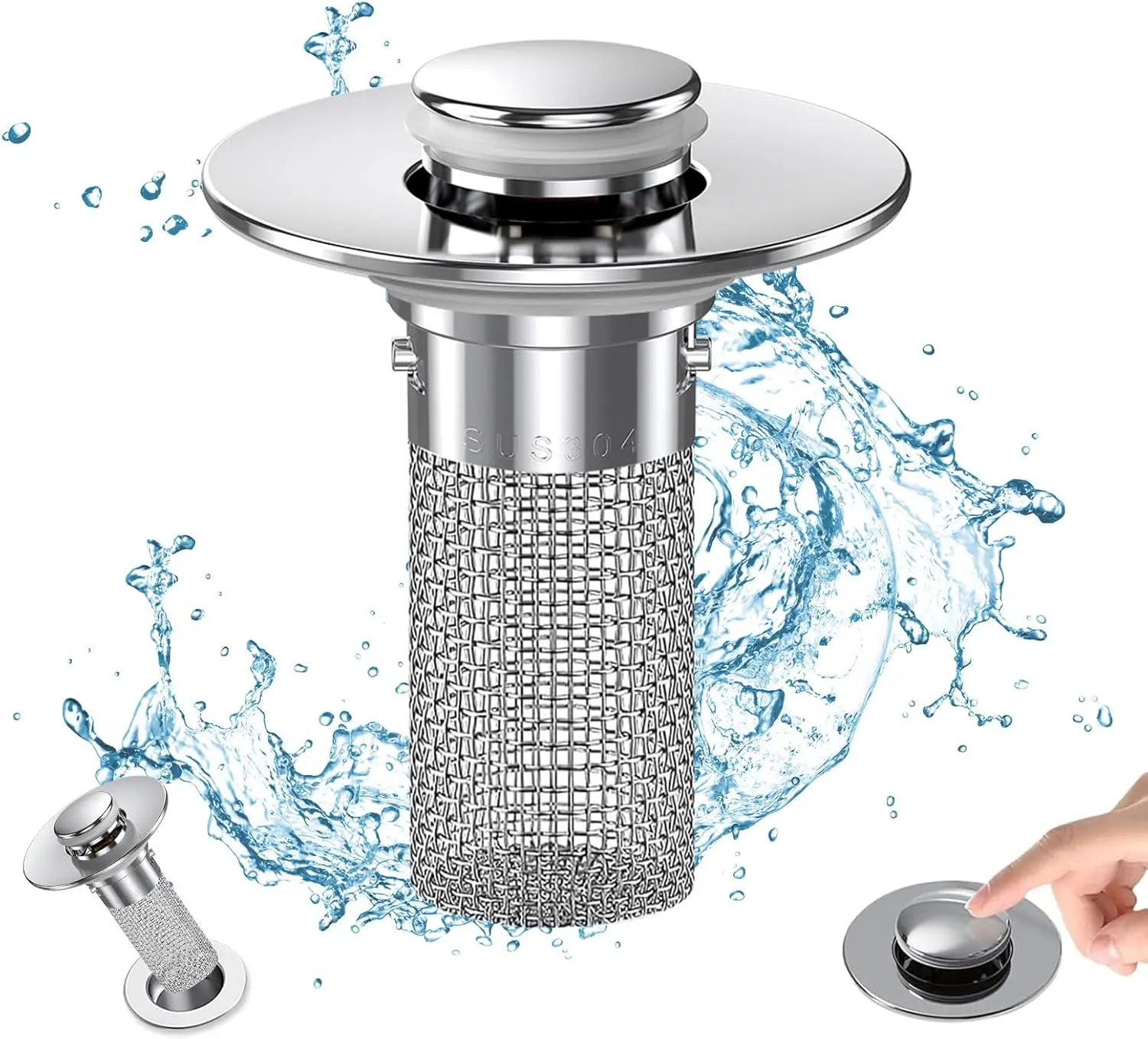 Bathroom Sink Drain Strainer, Pop Up Sink Drain Strain Bathroom Sink Stopper Sink Drain Strainer with Removable Stainless Steel Filter Basket Hair ,easy-installation rebound-type bathroom drain plug with filter device and odor isolation device