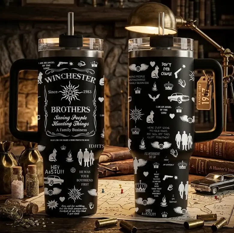 Supernatural Winchester Brothers Stainless Steel Vacuum Insulated Flasks - 20oz Skinny & 40oz Handle Tumblers with Gift Box & Straw, Double Wall Portable Print Coffee Cup, Long-Lasting Hot/Cold Travel Mug, Halloween Fan Gift