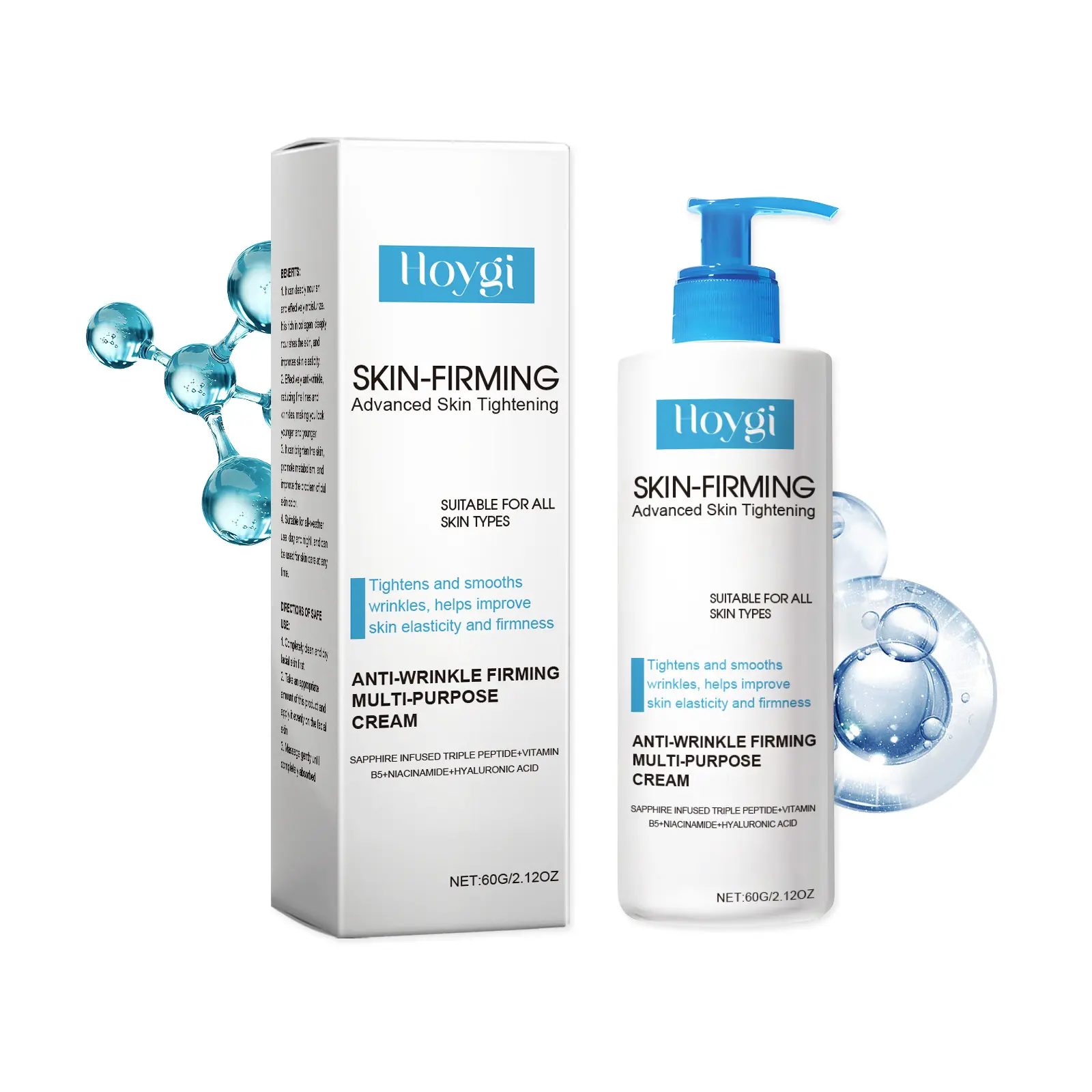 Facial Anti-Wrinkle Firming Cream with Hyaluronic Acid, Niacinamide, Peptides - Hydrate, Nourish, Boost Radiance, Tighten, Skin Repair - All Skin Types - 2.12 oz Pump Bottle