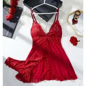 Sexy Lingerie Dress Set, Women'S Floral Lace Ruffled Mesh Semi Sheer Babydoll & Panty Lingerie Set