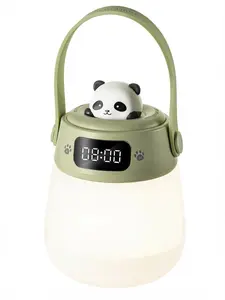 Panda Portable Night Light with Digital Clock, Remote & Touch Control, 3 Color Adjustable Dimmable LED Lamp, Rechargeable Hanging Nursery Bedside Nightlight for Kids Bedroom