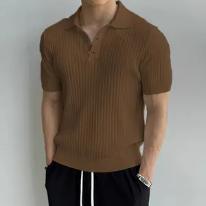 Men’s ribbed knit polo shirt — stretchy, slim fit, breathable, three-button placket, short sleeves fathersdaygift