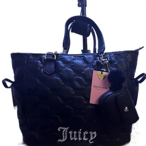 Juicy Couture Quilted Tote Bag with Rhinestone Logo and Pom-Pom Charm Black Leather Handbag